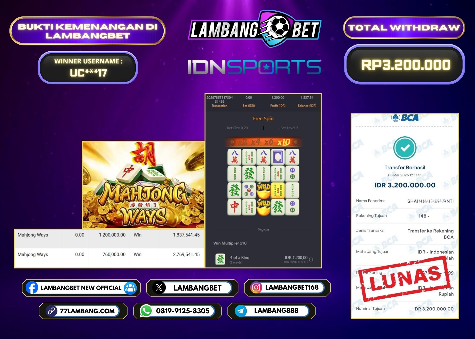 LAMBANGBET [6 MARET 2026] JACKPOT SLOT Mahjong Ways "Rp3.200.000" LUNAS